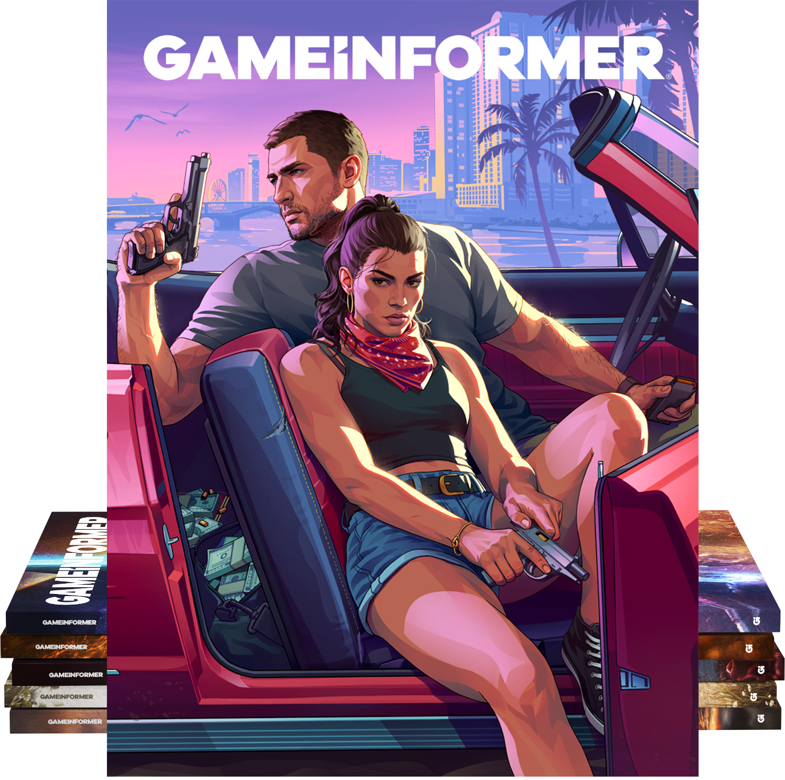 Game Informer magazine and a stack of print issues