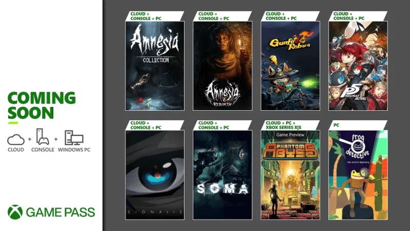 Coming Soon to Xbox Game Pass this month: Persona 5 Royal, Amnesia: Collection, Amnesia: Rebirth, Frog Detective: The Entire Mystery, Signalis, Soma, Phantom Abyss, and Gunfire Reborn.