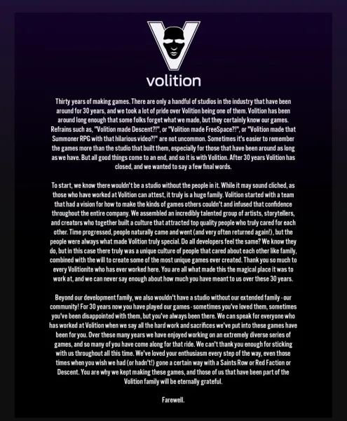 Saints Row Volition Studio Shutdown Closure September 1 2023 statement