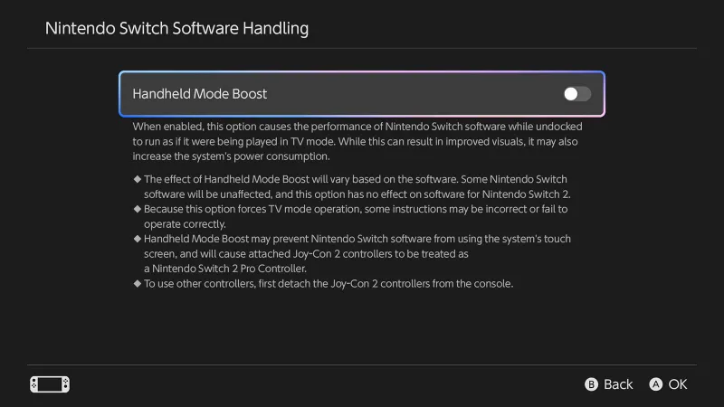 Handheld Boost Mode Settings Menu
