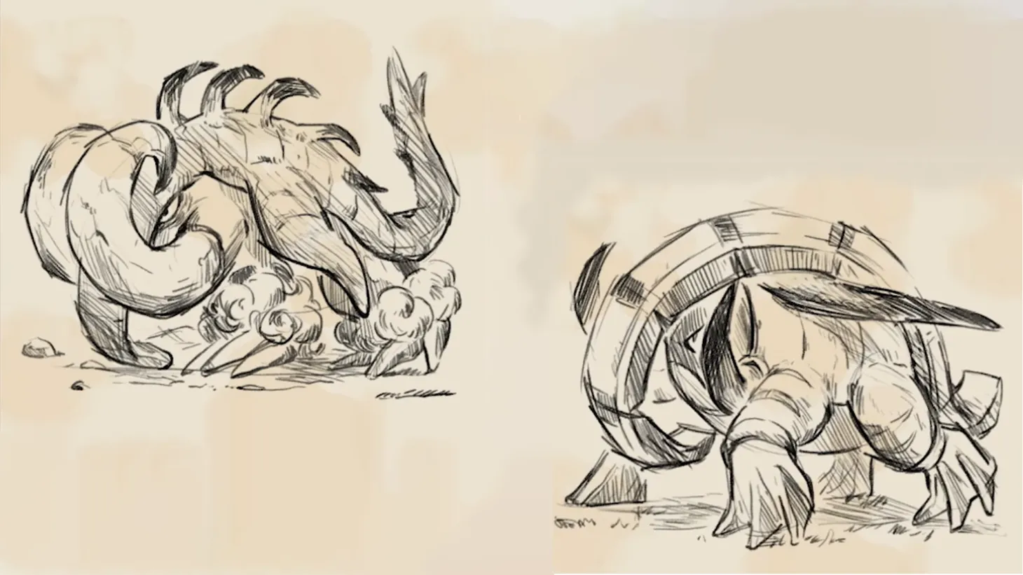 Pencil sketches of Great Tusk and Iron Treads in an old book.