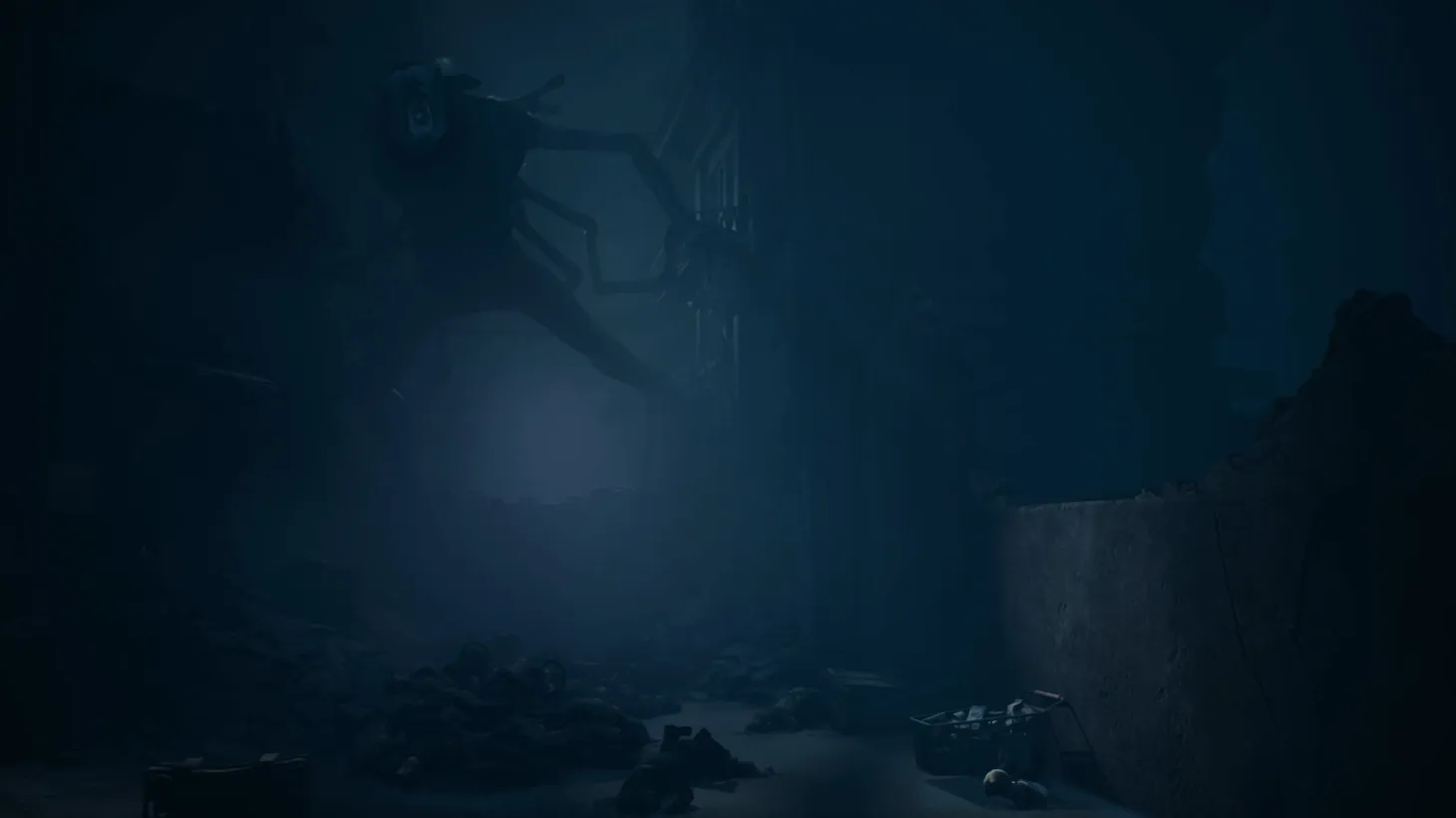 REANIMAL screenshot — two characters navigating a dim, industrial corridor while shadowy figures loom