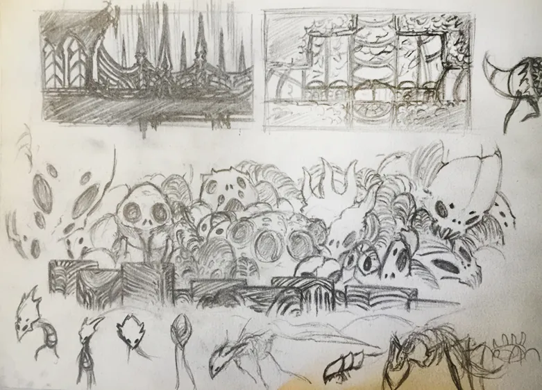 One of Gibson's early concept sketches for the the Colosseum of Fools environment and...
